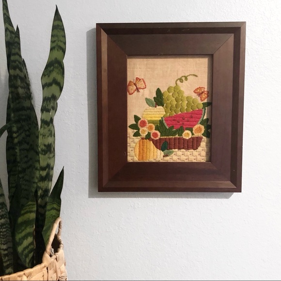 Vintage crewel art embroidery fruit cottage core
